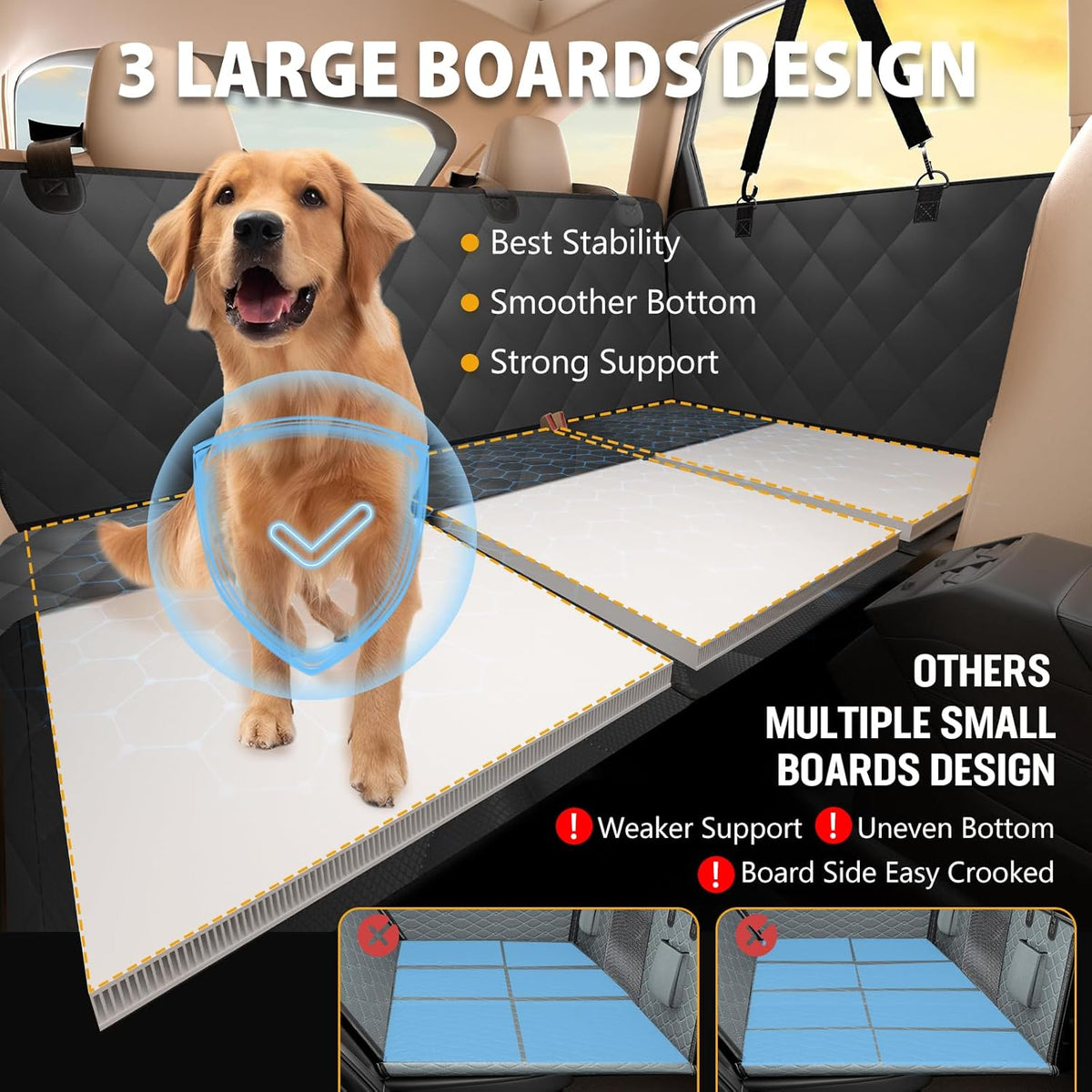 Back Seat Extender for Dogs-Large Space, Dog Car Seat Cover Hard Bottom Holds 400Lbs, Sturdy Backseat Extender for Dogs, Waterproof Dog Hammock for Car Dog Car Bed for Car, SUV, Truck Black