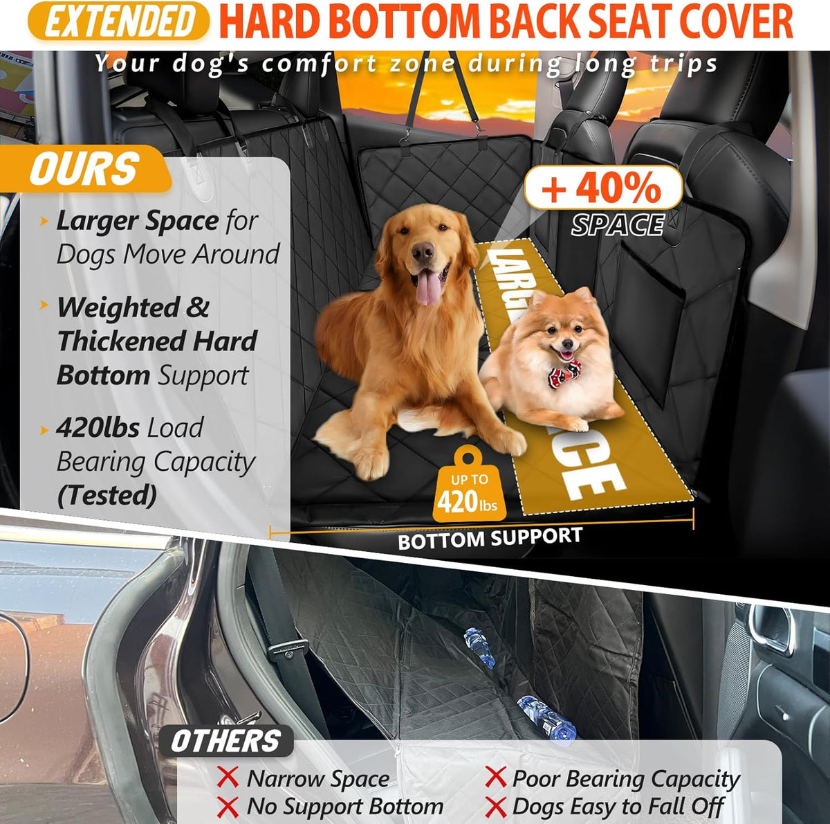 Back Seat Extender for Dogs-Large Space, Dog Car Seat Cover Hard Bottom Holds 400Lbs, Sturdy Backseat Extender for Dogs, Waterproof Dog Hammock for Car Dog Car Bed for Car, SUV, Truck Black
